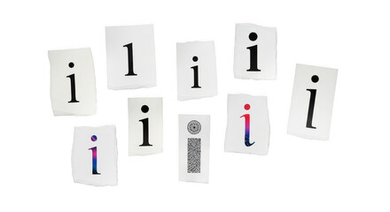 Collection of torn paper pieces with the letter i and qr code, isolated on transparent background