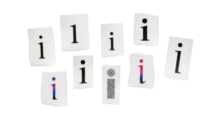 Collection of torn paper pieces with the letter i and qr code, isolated on transparent background