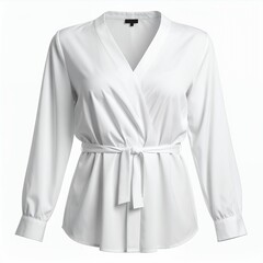 Elegant white wrap blouse with a self-tie belt on a clean white background