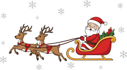 Cheerful cartoon Santa Claus flying in a sleigh pulled by two reindeer through falling snow on christmas eve