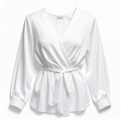 Elegant white blouse with a tie waist detail isolated on a pristine white background
