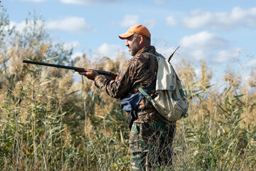 A hunter in camouflage clothing with a gun in his hands walks along the reeds.