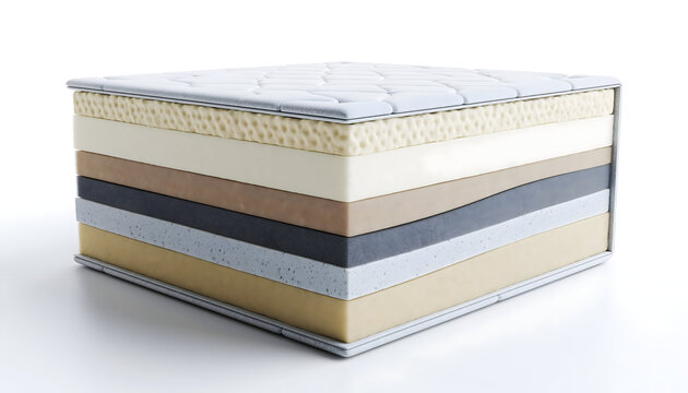Detailed Cross Section Of A Mattress Showing Multiple Layers Of Foam And Support Materials With A White Quilted Top Layer Against A White Background