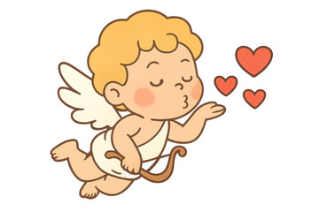 Obraz premium Cute cupid cherub blowing heart kisses on transparent background