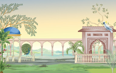 Fototapeta premium Mughal garden arch, plant, peacock pattern illustration for wallpaper. Traditional garden wallpaper design vector illustration.