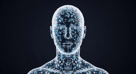 A human body with a digital interface, showing various body parts and a digital brain.