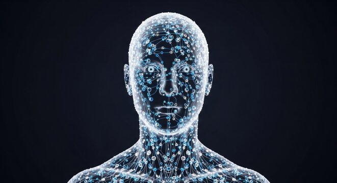 A human body with a digital interface, showing various body parts and a digital brain. - Powered by Adobe