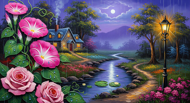 Oil Painting of Rainy Night Cottage with Flowers 3D Floral Relief Mural wallpaper