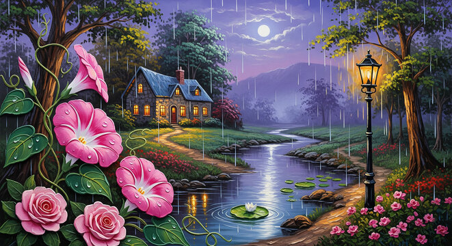 Oil Painting of Rainy Night Cottage with Flowers 3D Floral Relief Mural wallpaper
