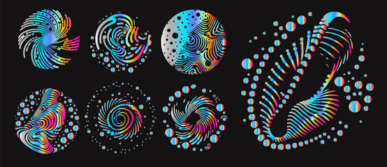 Psychedelic vector illustration displays a collection of circular abstract designs with fluid organic tentacles, swirling spirals, bubbles, and wavy distortions in vibrant rainbow gradients.