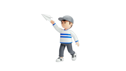3D Boy Throwing Paper Airplane on White Background