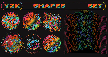 Vibrant vector illustration showcases a Y2K-inspired set of abstract shapes with swirling spirals, wavy blobs, and concentric patterns in rainbow chrome gradients on a black background.