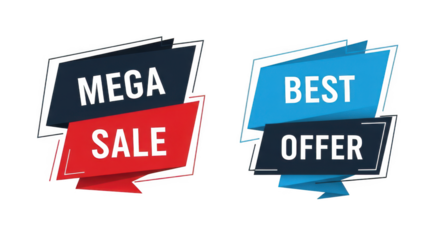Mega sale and best offer banners, promotional tags for shopping and discounts, isolated on transparent background