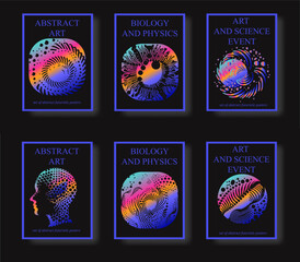 Vibrant futuristic poster series with rainbow gradient circular designs featuring organic, cellular, and swirling abstract patterns on dark backgrounds.