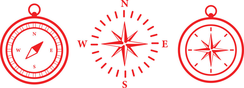 Compass Vector Set, Navigation Directional Symbol. Compass icon in line. Navigation compass icon. Compass and north arrow icon set. direction sign for maps, orientation and travel design elements.