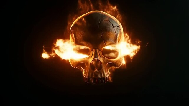 Dramatic fiery skull ignites in dark animation sequence with intense flames