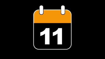 The Calendar Flips 2D Cartoon Animation. Alpha Channel. Calendar icon with number 11 on black background. template for digital scheduling, smart reminders, countdown interfaces, and timeline.