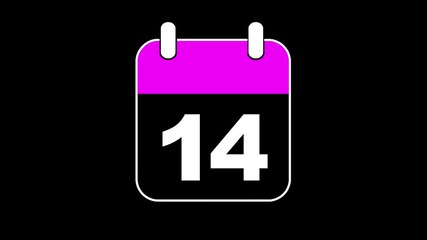 The Calendar Flips 2D Cartoon Animation. Alpha Channel. Calendar icon with number 14 on black background. template for digital scheduling, smart reminders, countdown interfaces, and timeline.