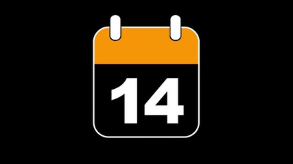 The Calendar Flips 2D Cartoon Animation. Alpha Channel. Calendar icon with number 14 on black background. template for digital scheduling, smart reminders, countdown interfaces, and timeline.