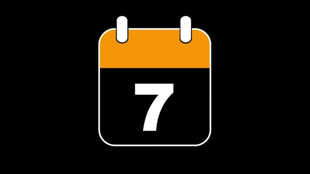 The Calendar Flips 2D Cartoon Animation. Alpha Channel. Calendar icon with number 07 on black background. template for digital scheduling, smart reminders, countdown interfaces, and timeline.