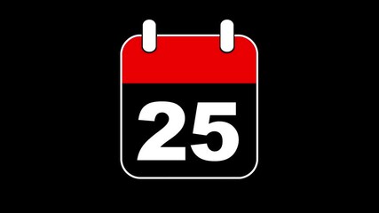 Abstract calendar icon - day no 25 animation. Simple technology calendar with date concept on black background. 4K Video motion graphic animation. Event reminder symbol.