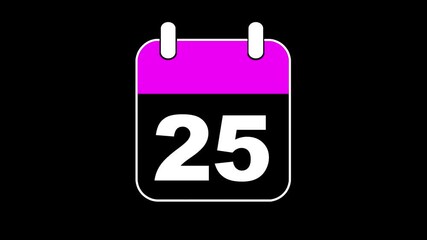 Abstract calendar icon - day no 25 animation. Simple technology calendar with date concept on black background. 4K Video motion graphic animation. Event reminder symbol.