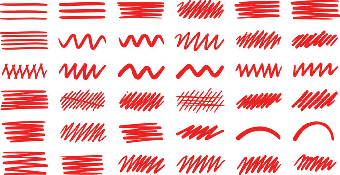 Red pen stroke icon set, hand-drawn line textures, scribble patterns, sketch styles, artistic brush effects, flat vector illustration