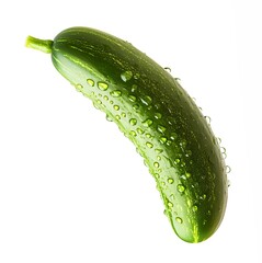 Fresh cucumber with water droplets, isolated on a white background.
