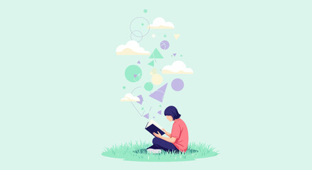 Young person reading book on grass with floating geometric shapes