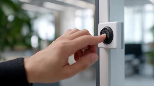 Medium shot of a technician installing a sleek panic button on an office wall for quick emergency alerts