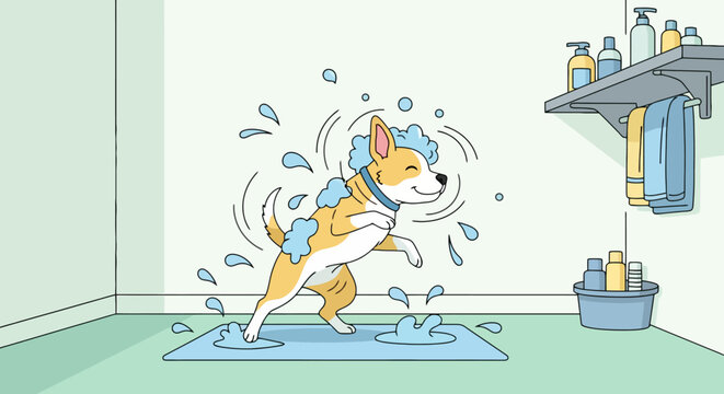 Happy cartoon dog jumping and splashing during a bath in the bathroom