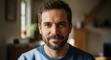 A man with short hair, wearing a blue sweater, standing in a cozy living room with a wooden floor and a white couch in the background.