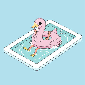 Cartoon illustration of person floating in pool on a pink swan floatie.