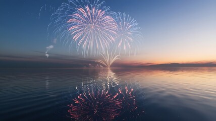 fireworks in the sky over the river and reflection of fireworks in the water for new Year party celebration and a beautiful sunset