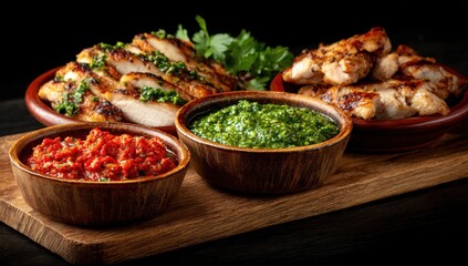 Savory Grilled Chicken Platter with Vibrant Red and Green Dipping Sauces on Rustic Wood.