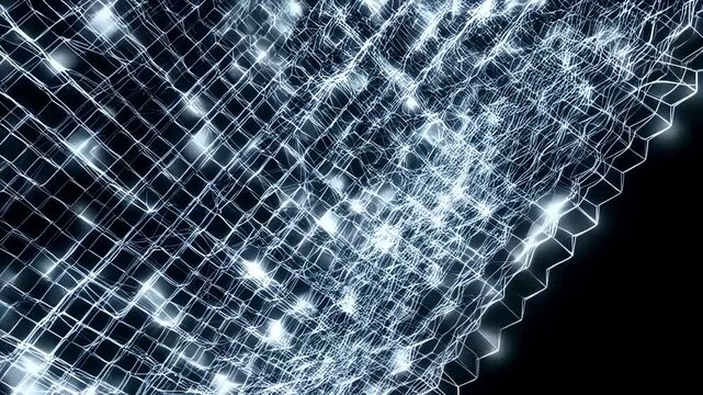 Dynamic network of glowing particles and interwoven patterns in motion