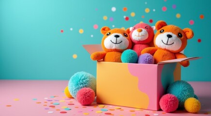 Brightly colored bears sitting in a box with confetti donation box