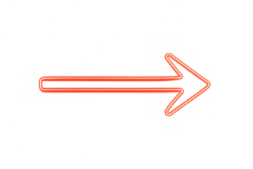 Glowing red neon arrow pointing right. Object highlighting direction, navigation, and choice. Transparent background