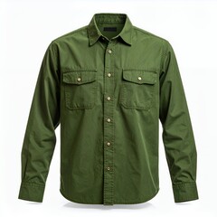 Olive green collared shirt with pockets in a studio shot against white backdrop