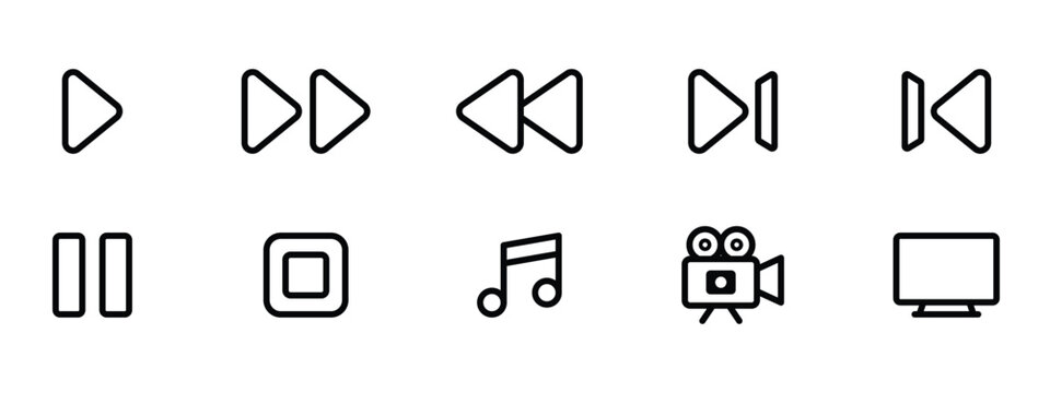 media player icon set for music video sound play pause stop rewind forward tv and entertainment design