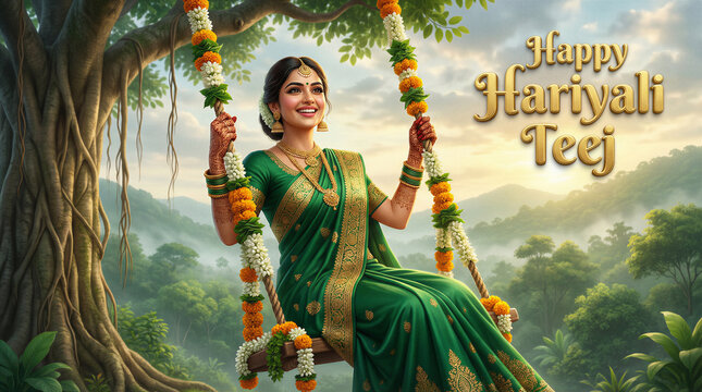 Happy Hariyali Teej Illustration of Woman on Swing