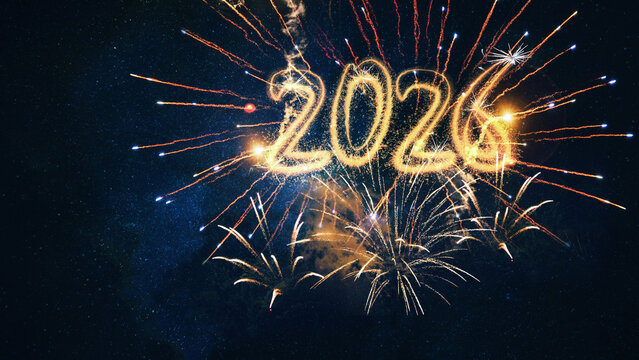 Happy New Year 2026 Fireworks on Night Sky Universe in Blue. 2026 new year, new year's eve, celebration greeting card, new year card long - Golden Year 2026 sparkler font and firework fireworks
