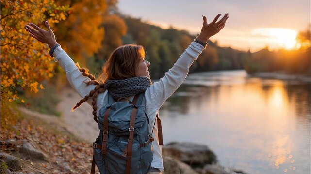 Woman hiker with a backpack and outstretched arms enjoying the sunset a river, feeling and free happy in nature video 4k