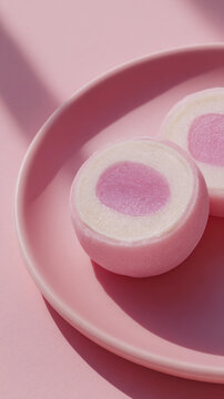 Minimal still life showcases a Japanese mochi dessert with pastel tones. The chewy rice confection reveals a delicate double filling, emphasizing artisanal craftsmanship and elegant food photography