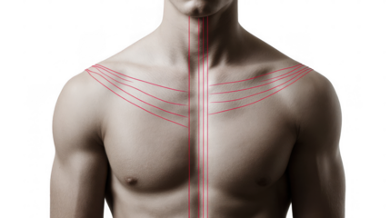 Close up of a muscular male torso featuring red lines accentuating pectoral muscles, deltoids, and other muscle groups, emphasizing strength and fitness on a transparent background