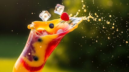 Naklejka premium Dynamic Splash of Tropical Fruit Smoothie with Ice Cubes and Berries in Sunlit Garden