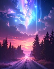 smartphone wallpaper &ndash; forest road, northern lights, pillars of light