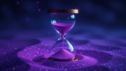 Hourglass with glittering purple sand flowing on an abstract futuristic background for time management concept and digital evolution - Powered by Adobe