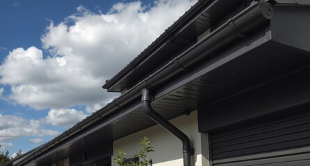 Naklejka premium modern home exterior with dark gray roofline, gutters, and siding under a blue cloudy sky.