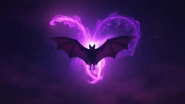 Animated dark bat flying in deep cosmic space creating a vibrant purple magical heart for a fantasy enchantment concept loop
